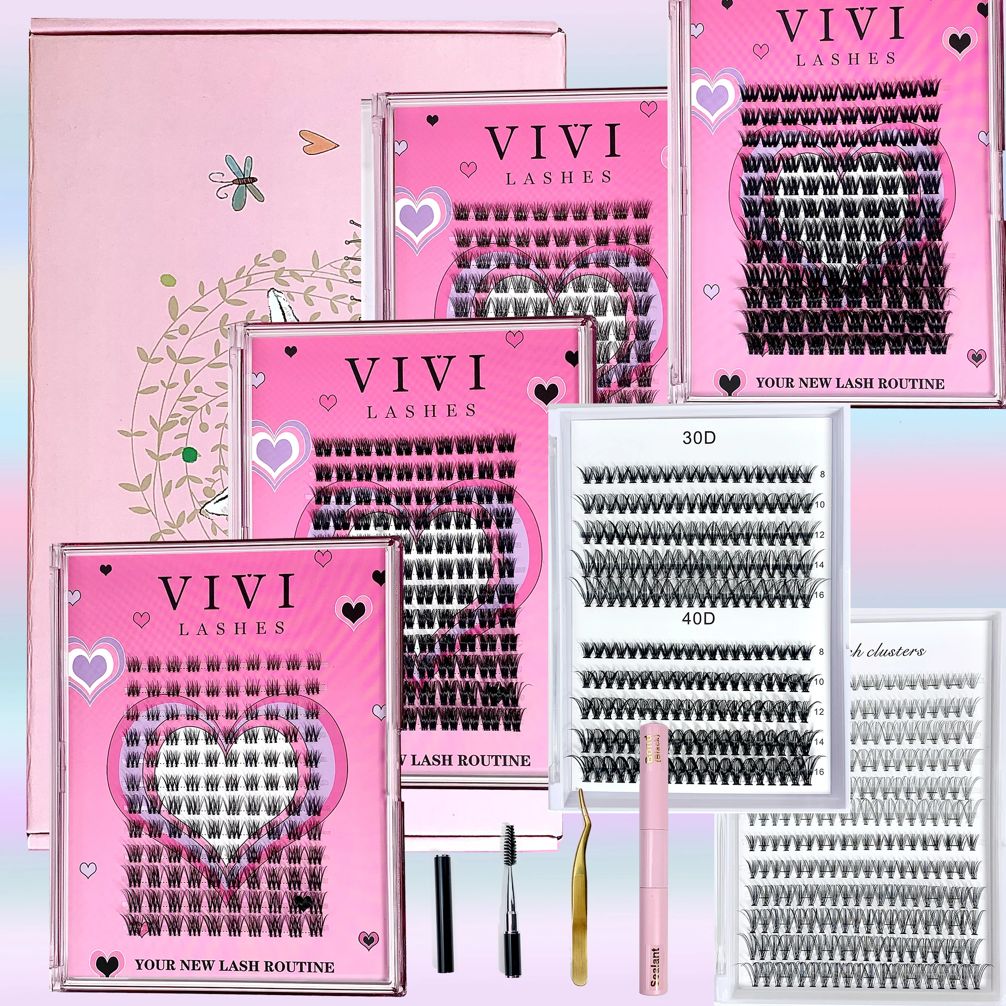 Lashes Kit With 6 Packs Cluster Lashes Volume Natural 10D 20D 30D 40D Mixed False Lashes 1 Pc Bond Seal Lash Tweezer Brushes