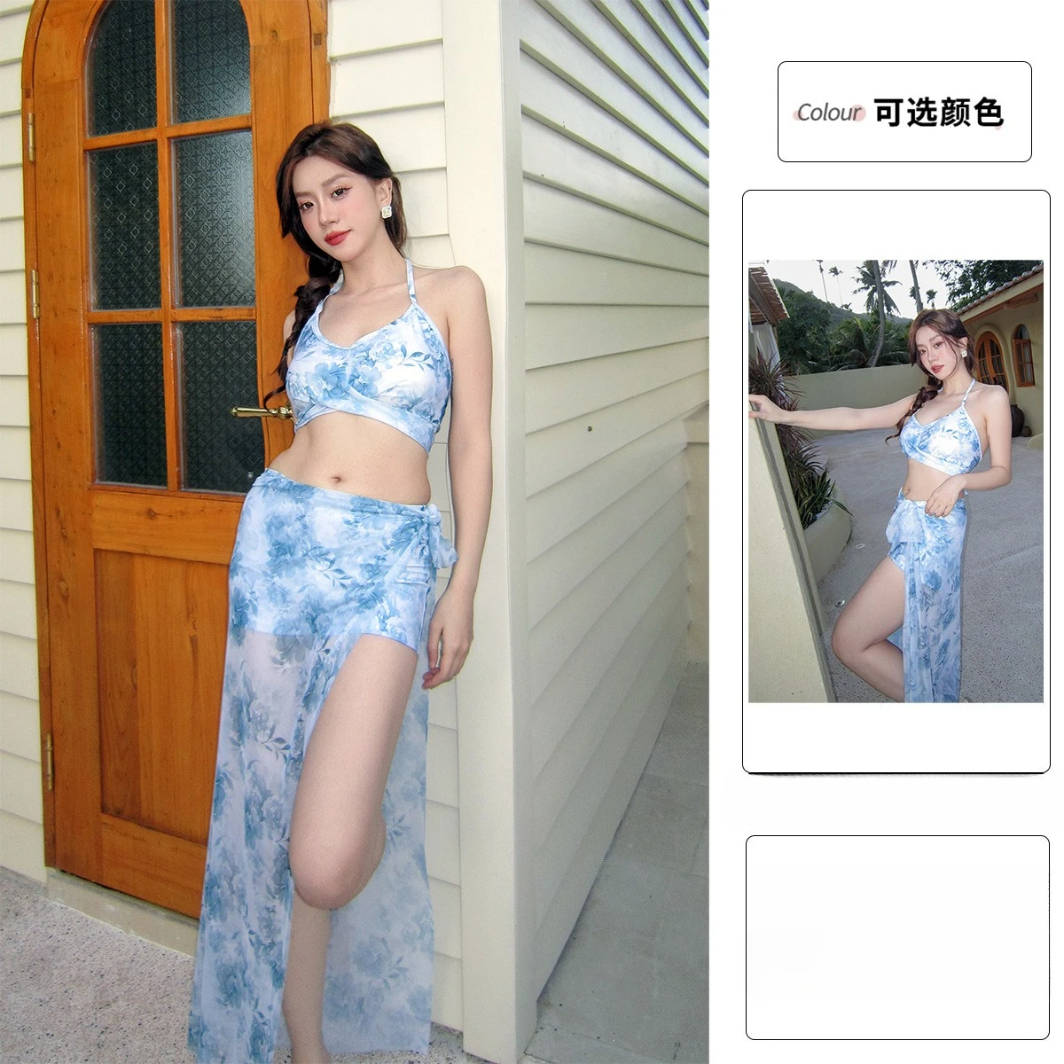 

New Clavicle Long Dress Swimsuit Women's Seaside Vacation Bikini Print Three-piece Set Niche High-end Hot Spring Swimsuit Bikini