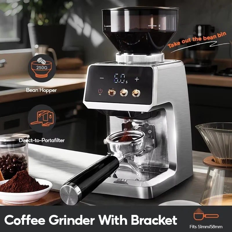 Electric Stainless Steel Cone Grinder 35 Levels Grind Adjustment LED Display Automatic Function 250g Capacity for Coffee