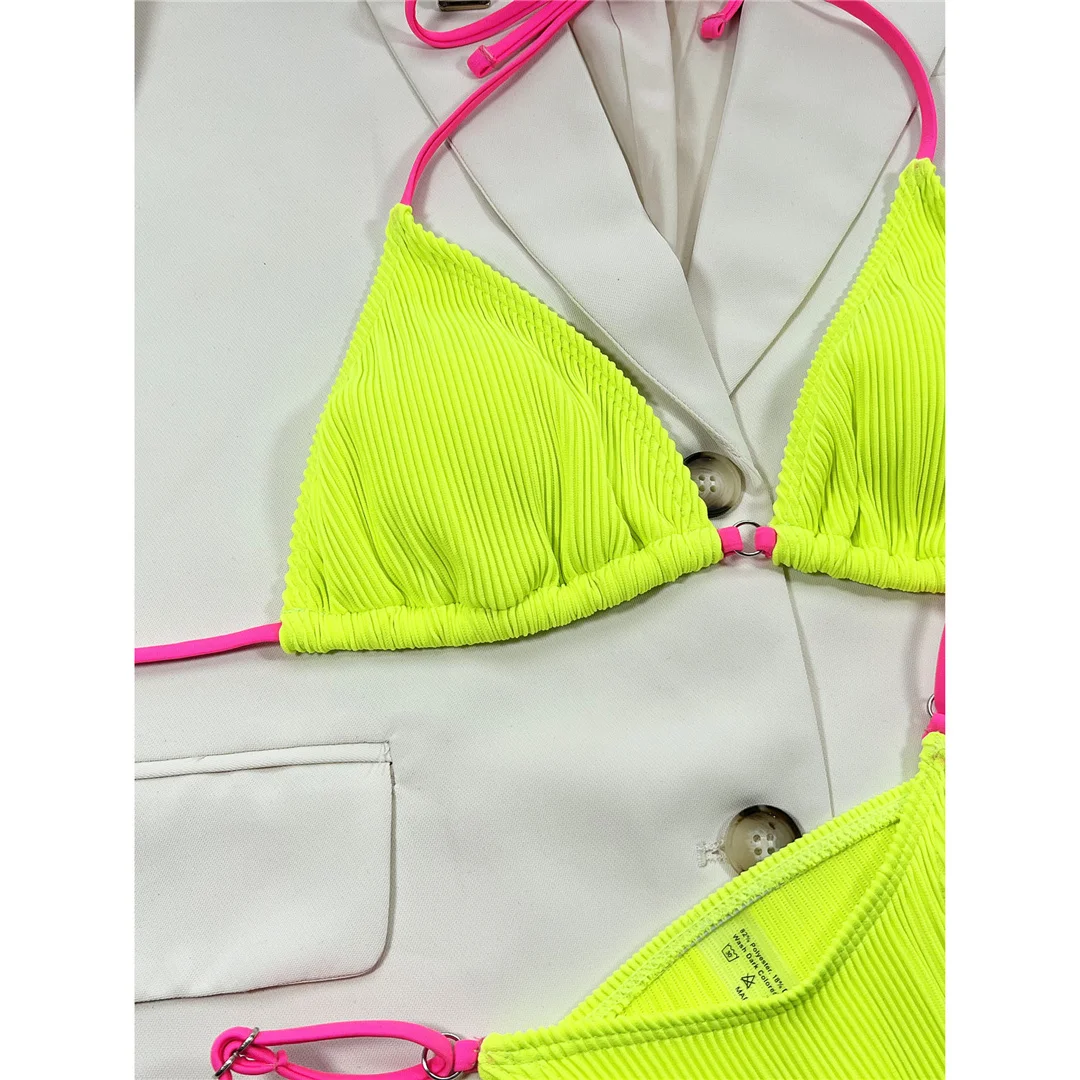 Sexy Neon Neckholder-Bikini mit Rippenstruktur, Damen-Badeanzug, zweiteiliges Bikini-Set, gepolsterter Badeanzug, Badebekleidung für Damen, V4048 – Detail 24