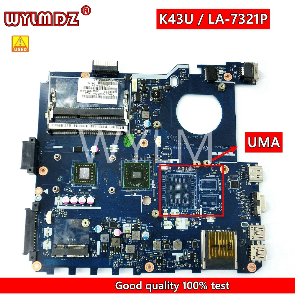 K43U PBL50 LA-7321P Mainboard For Asus X43B X43U K43U X43BR K43BR PBL50 LA-7321P Laptop Motherboard 100% Tested Working