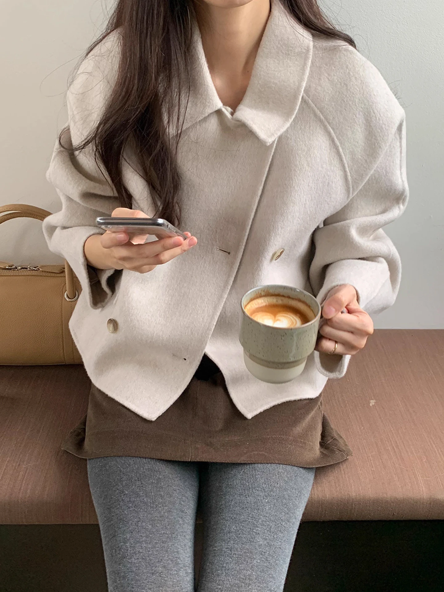 Chic Autumnal Soft Elegance Turn-down Collar Double-breasted Loose Versatile Long Sve  Color Woolen Coat for Women