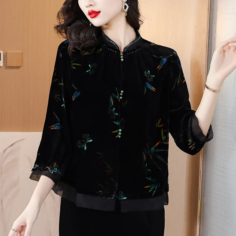 Women Korean Vintage Luxury Jackets Autumn Winter Black Print Velvet Long Sleeve Blouses 2024 Elegant Bodycon Festival Top Coats