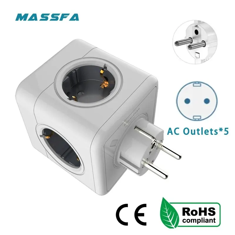 MASSFA Multi EU Power Strip Electrical Plug Cube Multiple Extension Socket with 5 AC Outlets 3680W Adapter for Home Office