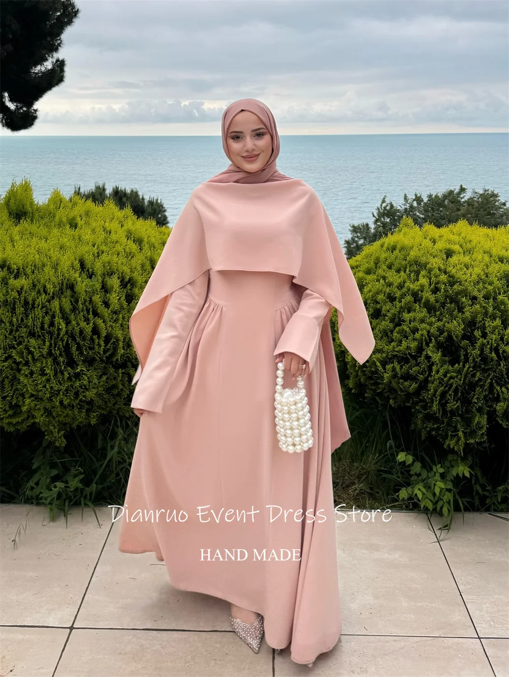 فستان سهرة إسلامي وردي أحمر الخدود من Dianruo فستان حريري من الساتان العربي السعودي أنيق مطوي بطول الأرض فساتين حفلات مخصصة