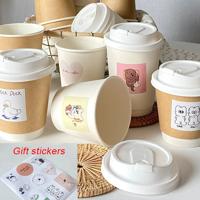 

10/20pcs Disposable Coffee Cups Kraft Paper Cups with Lids&Stickers Thickened Milk Tea Ice Cream Dessert Cups اكواب ورق