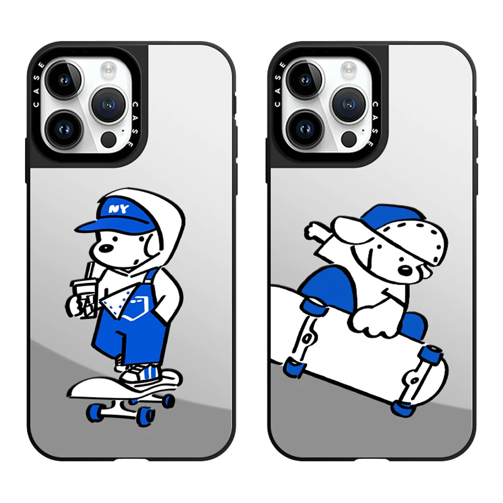 

Cute Cool White Puppy Cartoon Skateboard Mirror Phone Case With MagSafe For iPhone 16 12 14 13 11 15 Pro Max Plus Antidrop Case