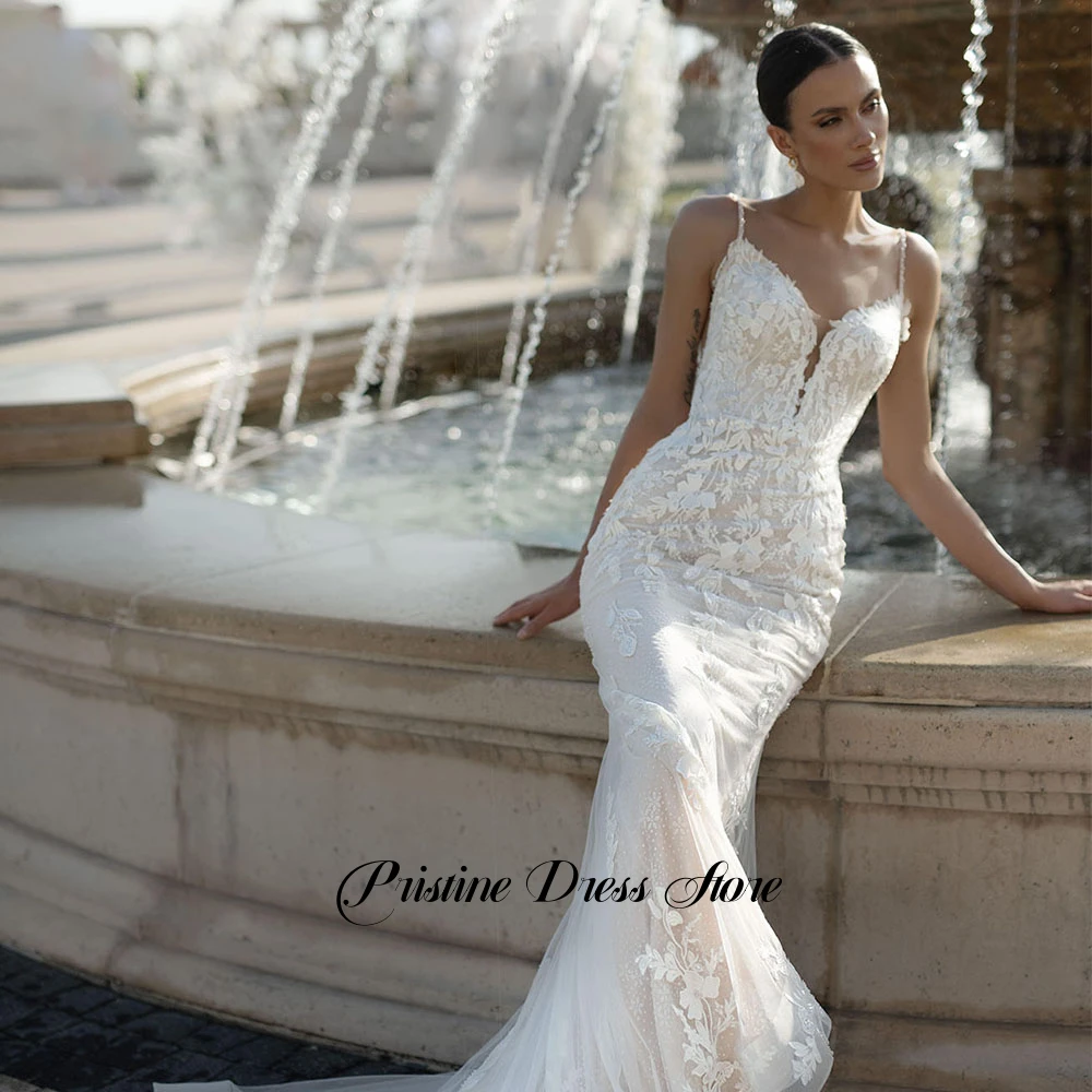 Luxury Mermaid Tulle Wedding Dress Women Spaghetti Straps Appliques Lace Customized Sleeveless Bridal Gowns with Court Train