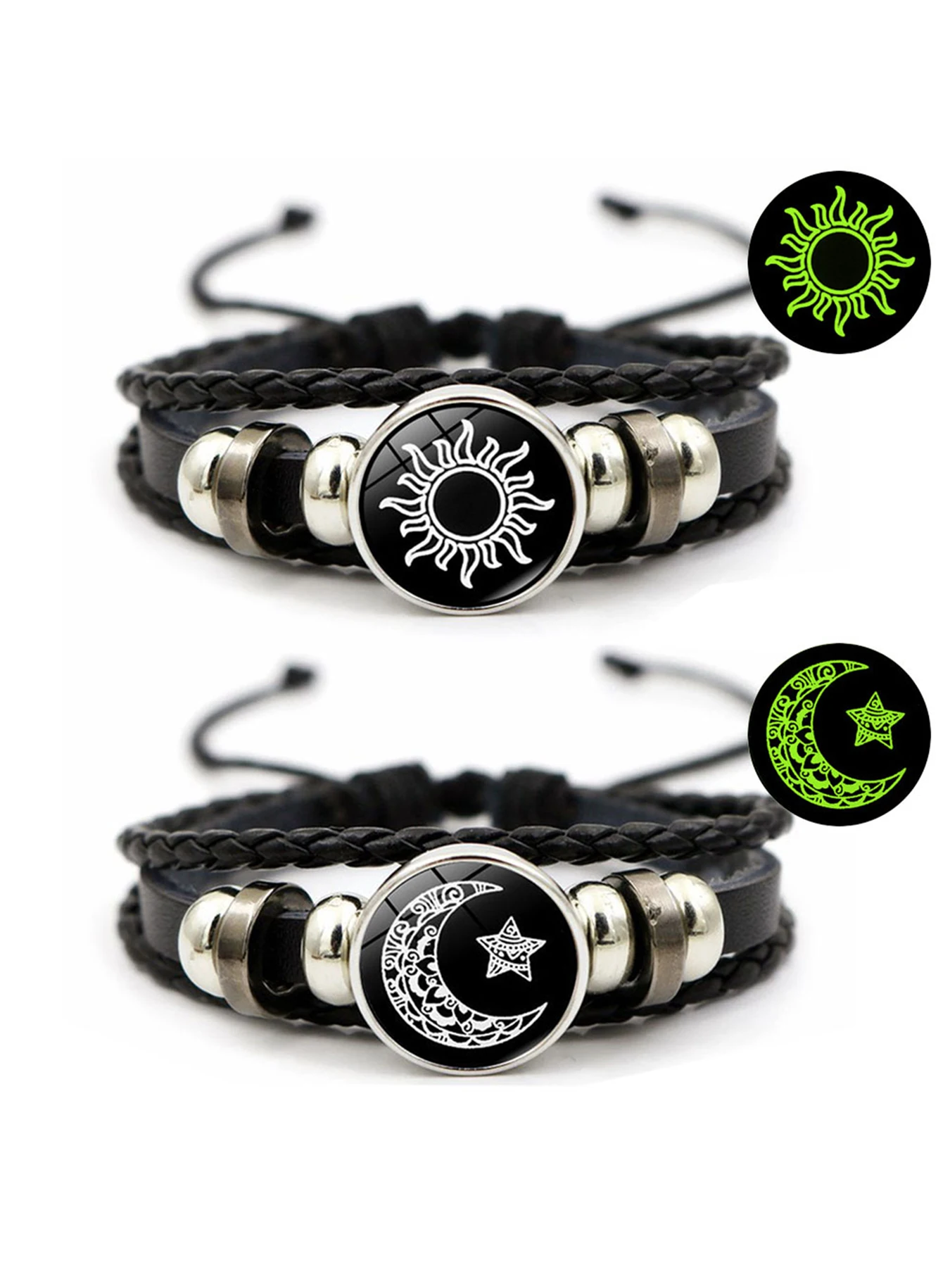 2pcs/set Sun and Moon Lovers Leather Bracelet Punk Multi-Layered Beaded Braided Adjustable Bracelet Set For Couple Jewelry