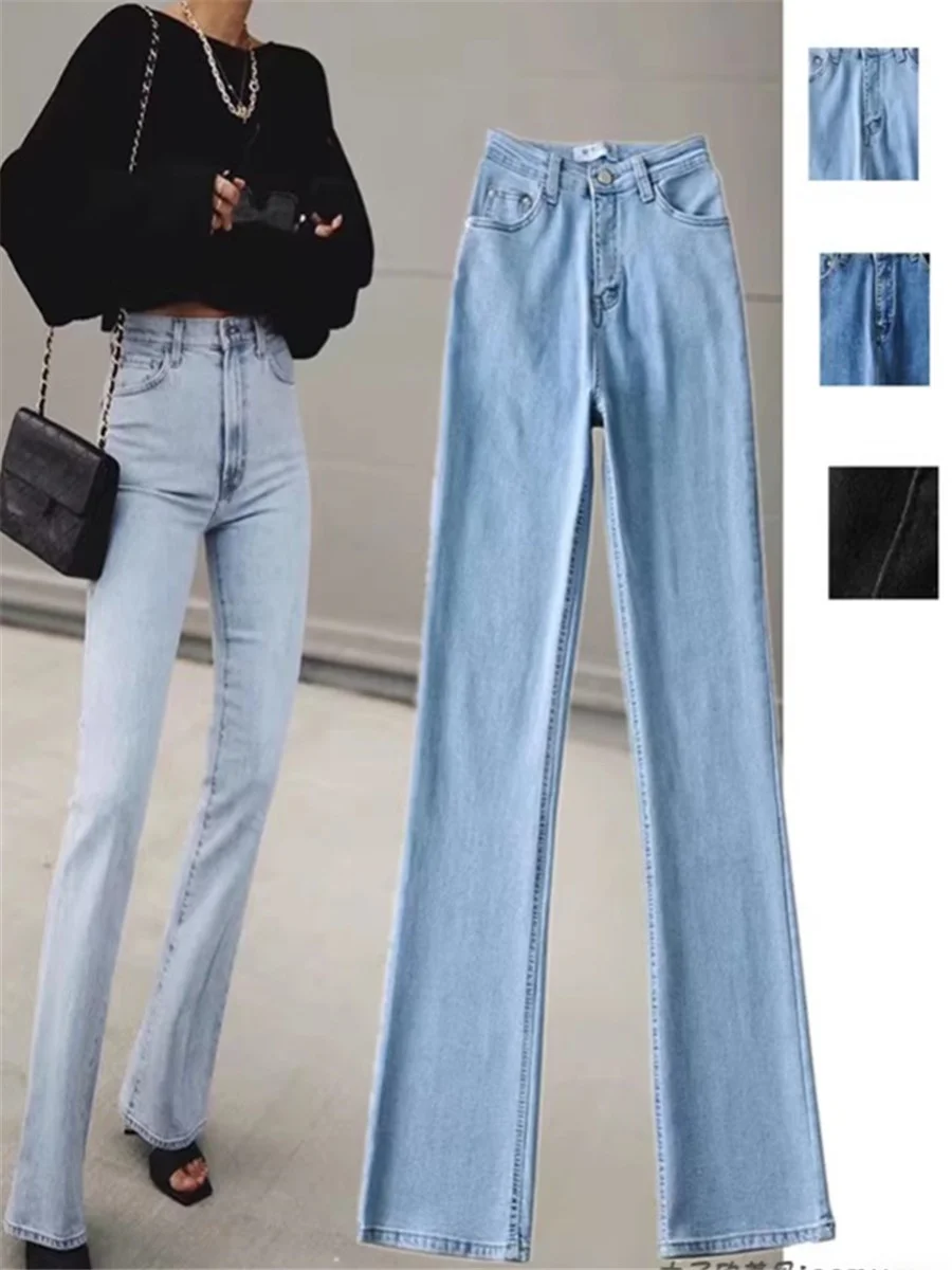 

Джинсы-колокольчики с высокой талией в стиле ретро, женские облегающие эластичные повседневные длинные брюки с большим отверстием для ног, эффект глубокой талии, сухая чистая ...