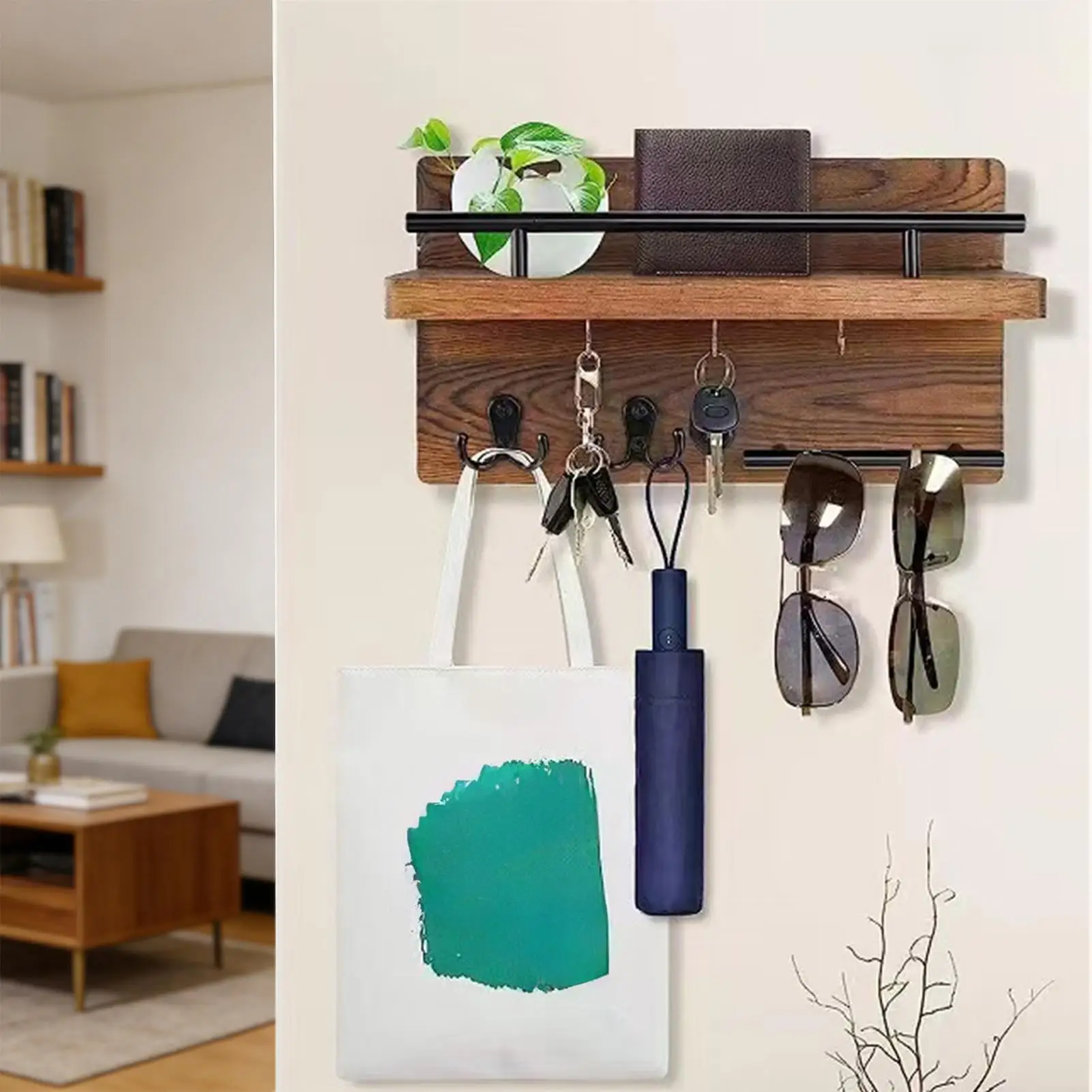 

Key Holder Wall Mount Wooden Retro Decorative Hanger Wall Mounted Key Holder with Floating Shelf Hook for Coat Mail Entryway