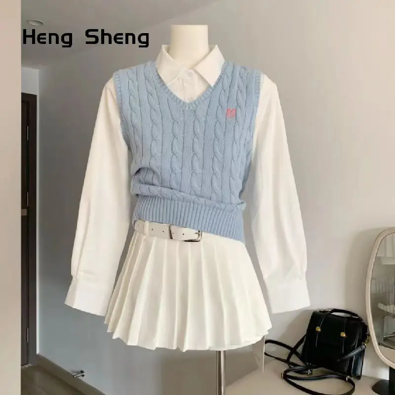 Korean ABG Vintage Skyblue Sweater Knit V-Neck Vest Sweet Girl Twisted Flower Embroidered Logo Vest