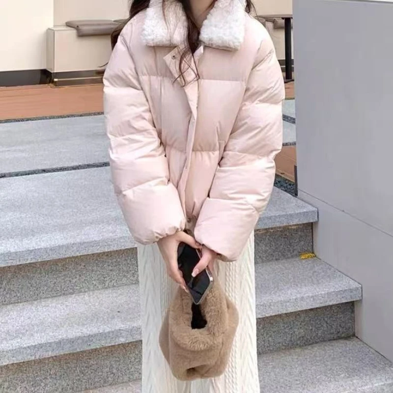 

Lamb Fur Lapel Pink Short Cotton Jacket for Women in Winter 2025, New Small, Loose and Thick