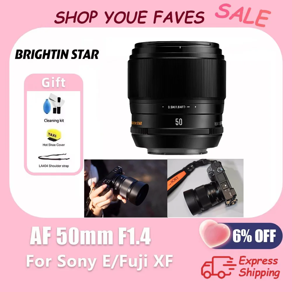 

Объектив Brightin Star AF 50mm F1.4 с большой апертурой для камер Sony E ZVE10 A6400 A6700 A7III Fx30 Fujifilm с креплением XF XS10 XT3
