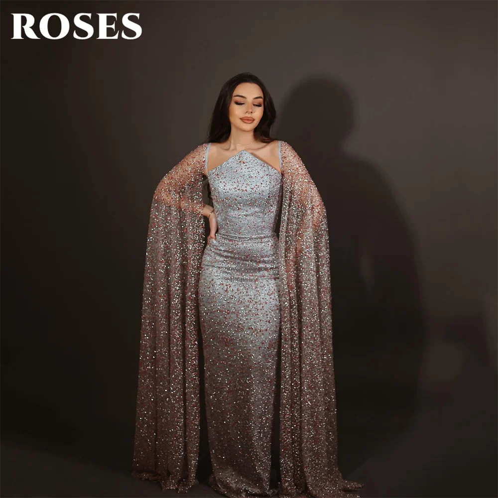 

ROSES Glamorous Sliver Prom Dresses Sequins Mermaid Evening Dress with Cape Sleeve Formal Dress for Special Occasion Customized