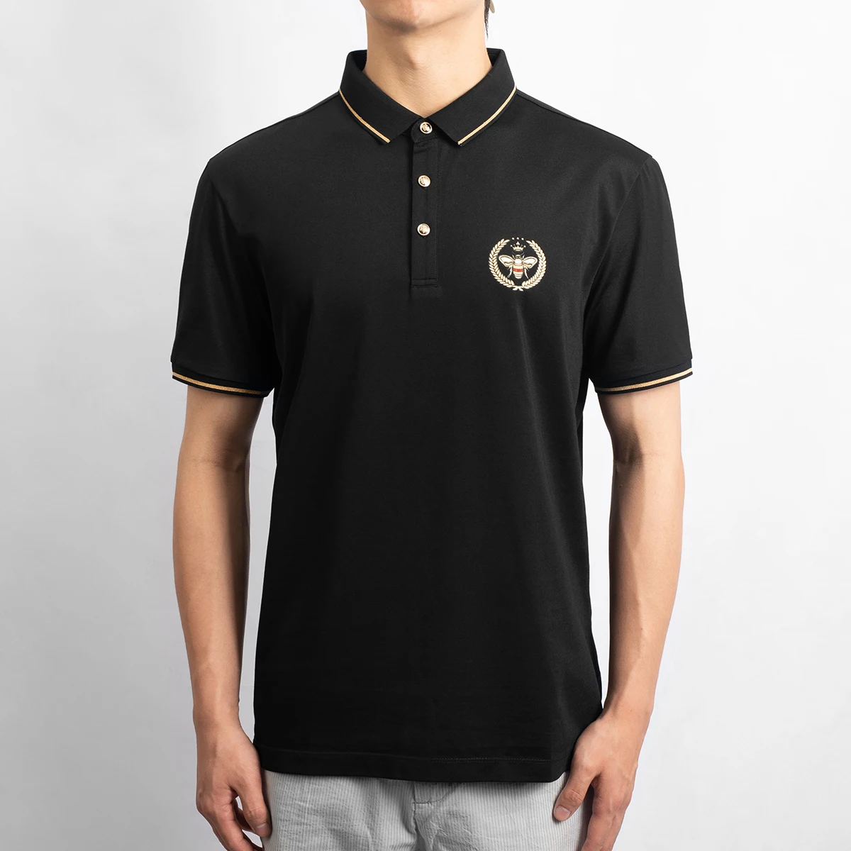 

Hellen&Woody Summer Pure Cotton Breathable Solid Color Men's Polo Shirt High Quality Cotton Short-Sleeved Shirt Bee Logo Large