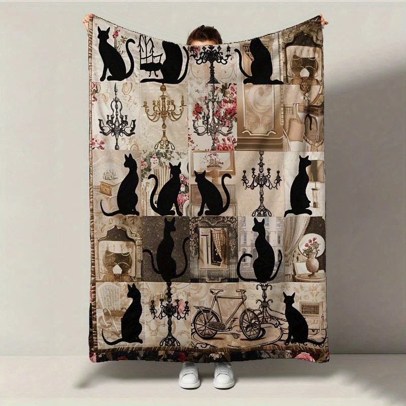 

1pc Retro Cat Flannel Blanket - Ultra-Soft, All-Season Valentine’s/Mother’s Day/Halloween/Christmas Gift