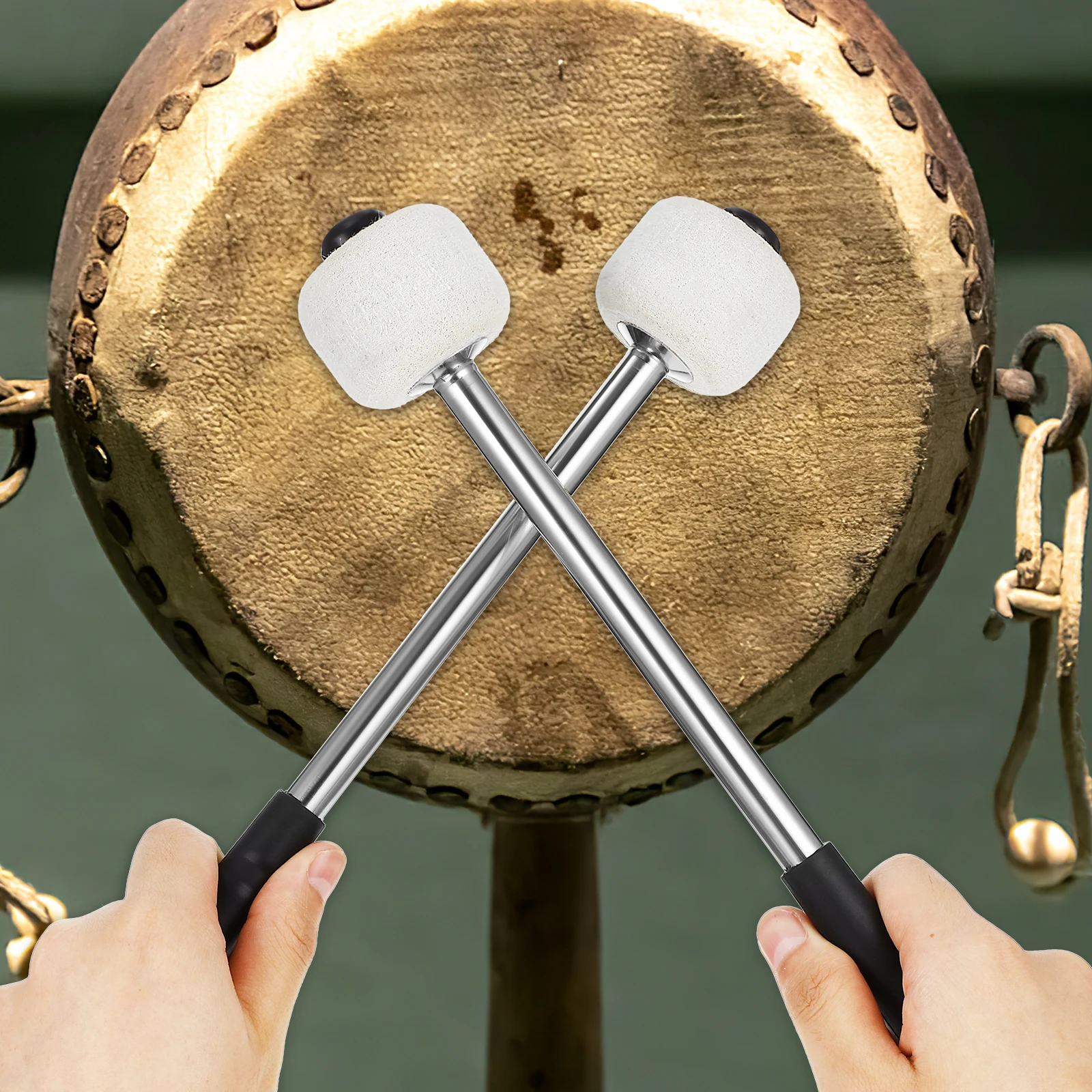 

2 pcs Drum Sticks Stainless Steel Handles Wool Felt Heads Lightweight Portable Anti Slip For Beginner Kids Adults Drumming