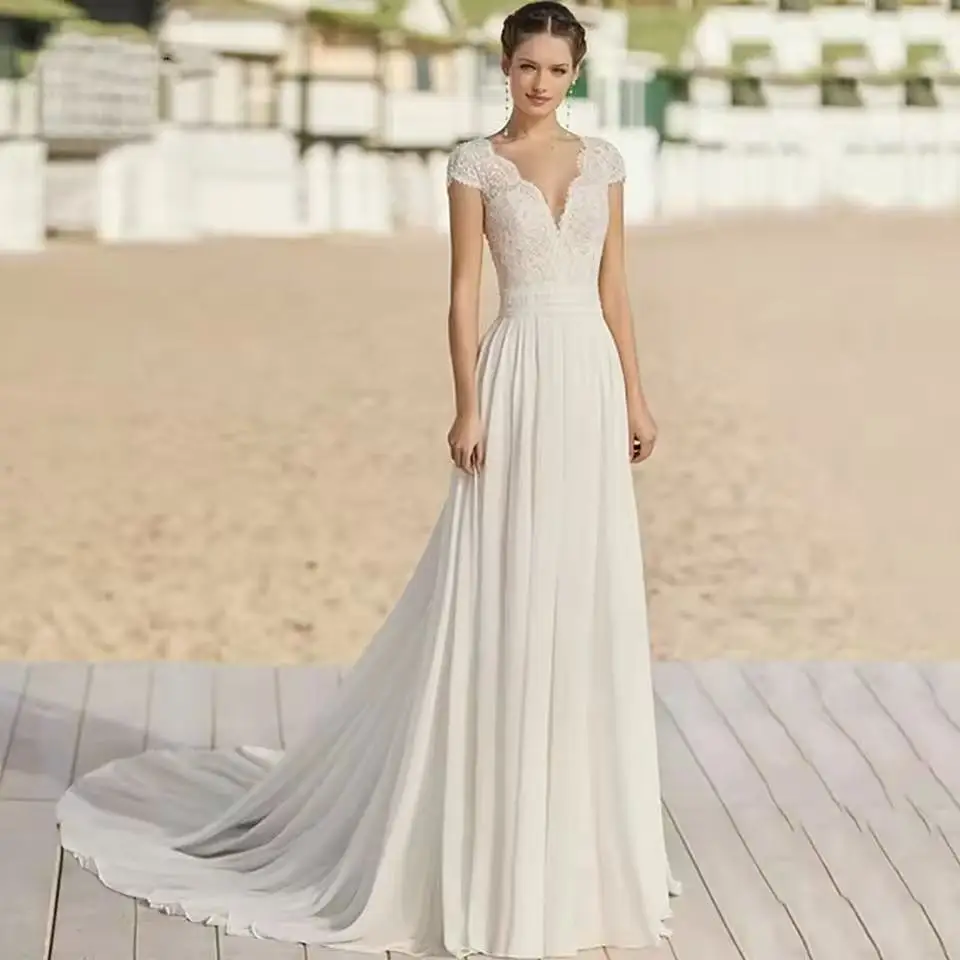 Customized Elegant Boho Chiffon Lace Wedding Dress for Women Cap Sleeves A-Line V-Neck Beach Bride Gown Vestidos De Noiva Robe