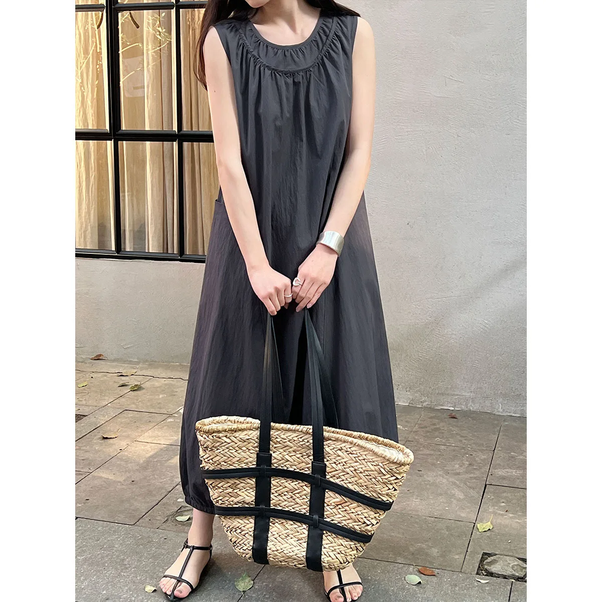Estilo coreano minimalista gola dupla cintura cinched colete saia, primavera novo estilo plissado flor bud hem vestido