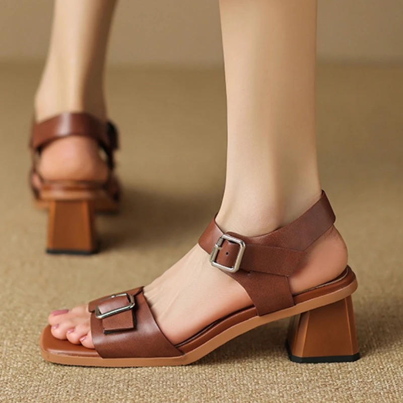 

Ankle Strap Vintage Gladiator Sandals for Women Genuine Leather Open Toe High Heels Sandalias De Mujer Buckle Women Pumps