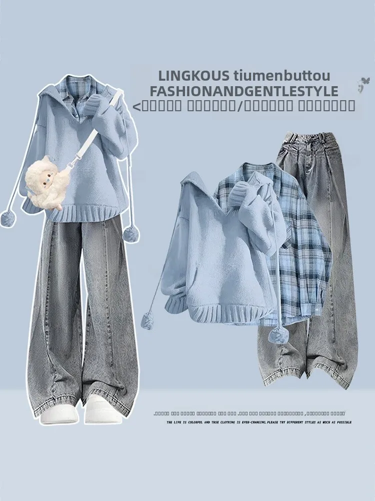 

Korean Sle Women's Casual Hooded Knitted Sweatirt Plaid irt Vintage Jeans Tee-Piece Set plus Size Autumn Winter Faion