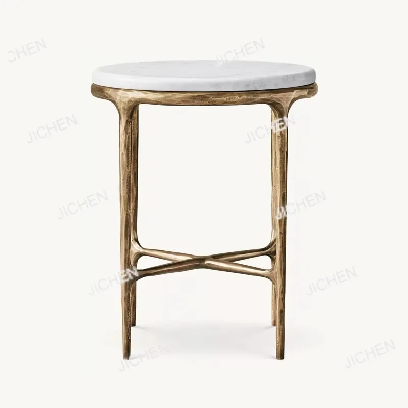 

Antique Brass Side Table Custom Metal Base Marble Top Home Bedroom Living Room Bedside
