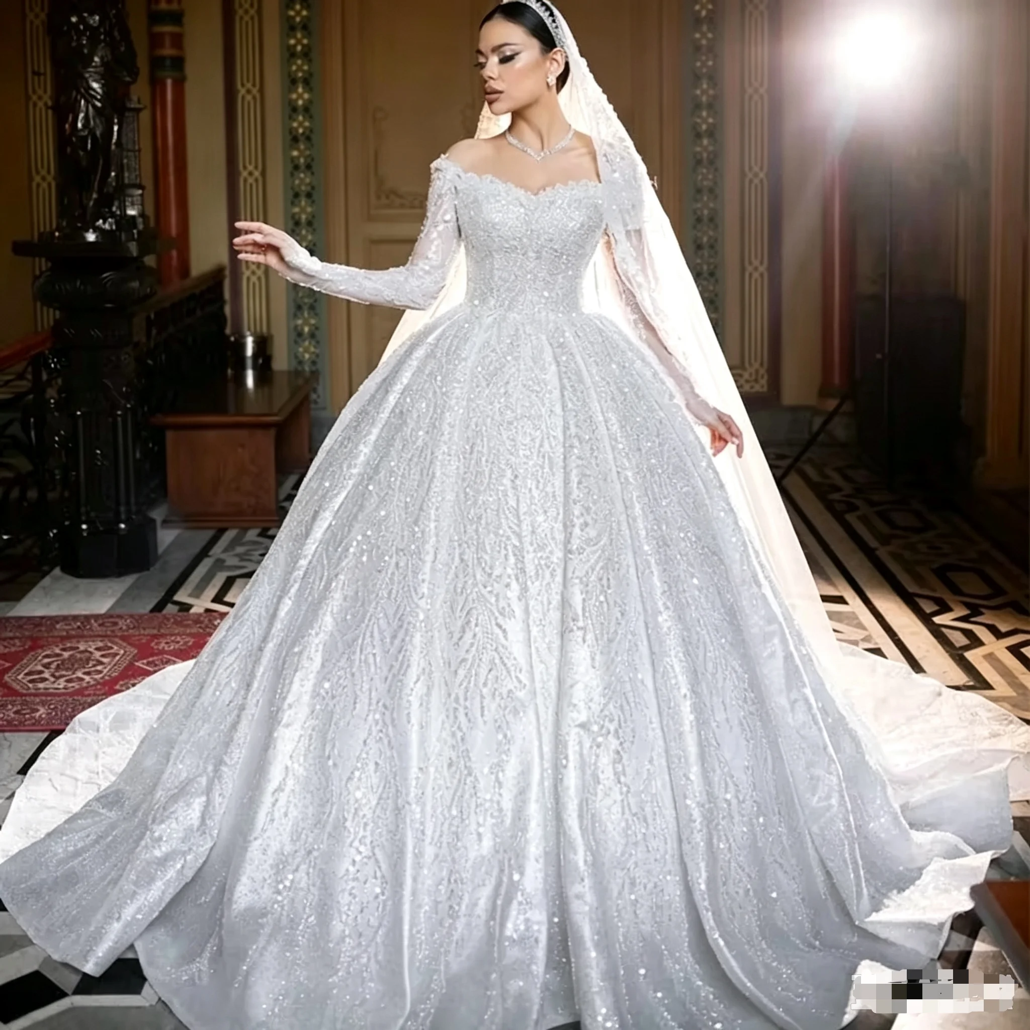 Luxury Off Shoulder Long Sleeve Wedding Dress Satin Pearl Embroidery Wedding Dress A-line Princess Bridal Ball Dress Custom