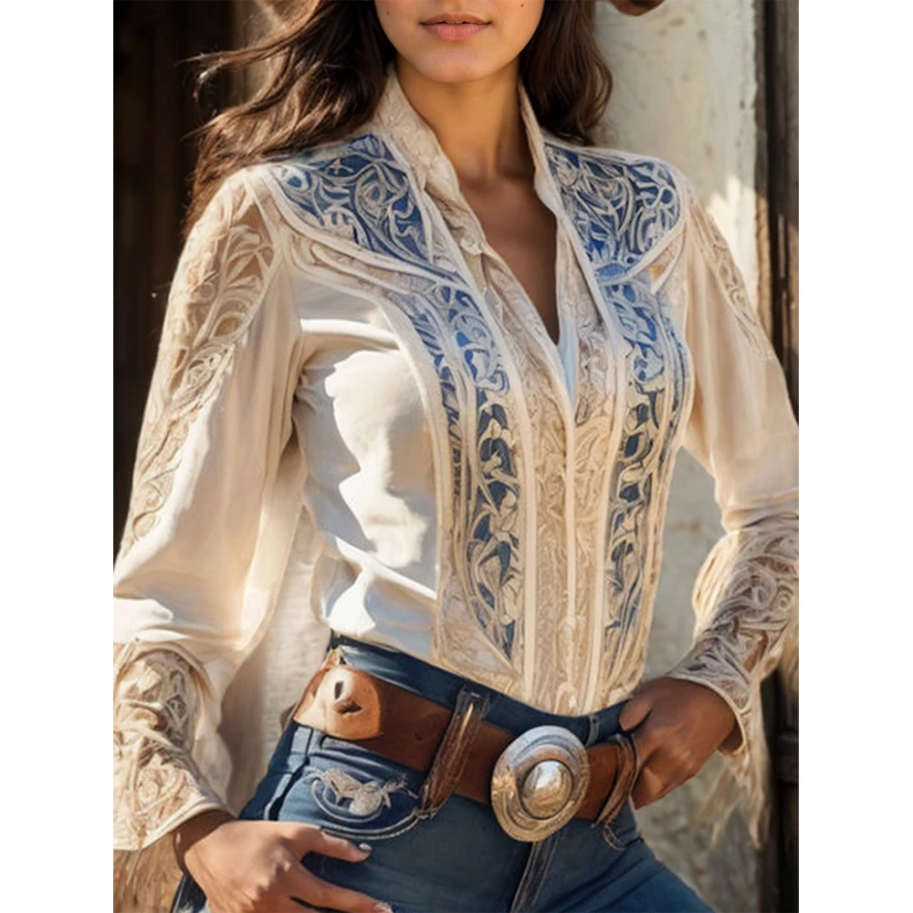 Fashionable Women's Shirt Tops Printed Stand-Up Collar Slim Shirt Patchwork Tassel Trumpet Sleeve Design Retro Women's Tops