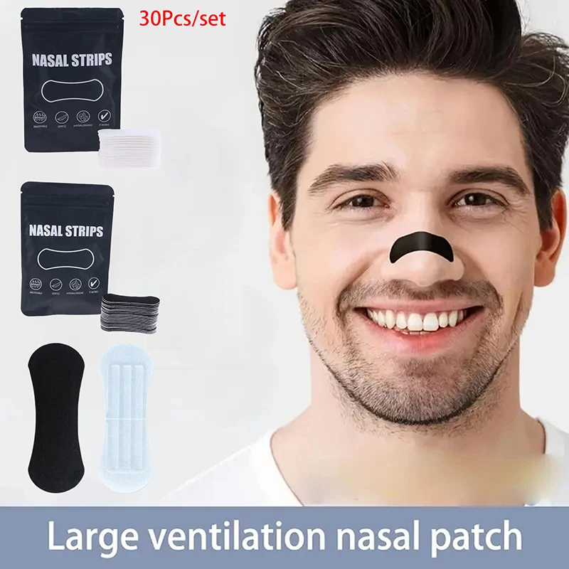 30pcs Better Breathing Nose Breathing Strips For Better Sleep Anti Snoring Breathe Well Nasal Strips Black Oval Nose Patches