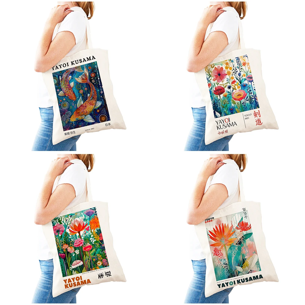 Casual Yayoi Kusama Dot Fish Flower  Women Shopping Bags Double Print Shoulder Tote Forest Shapes Shopper Bag Painting Handbag