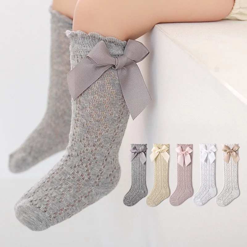 Breathable Mesh High Socks for Baby Girls Korean Style Princess Cotton Socks with Bow Loose Fit