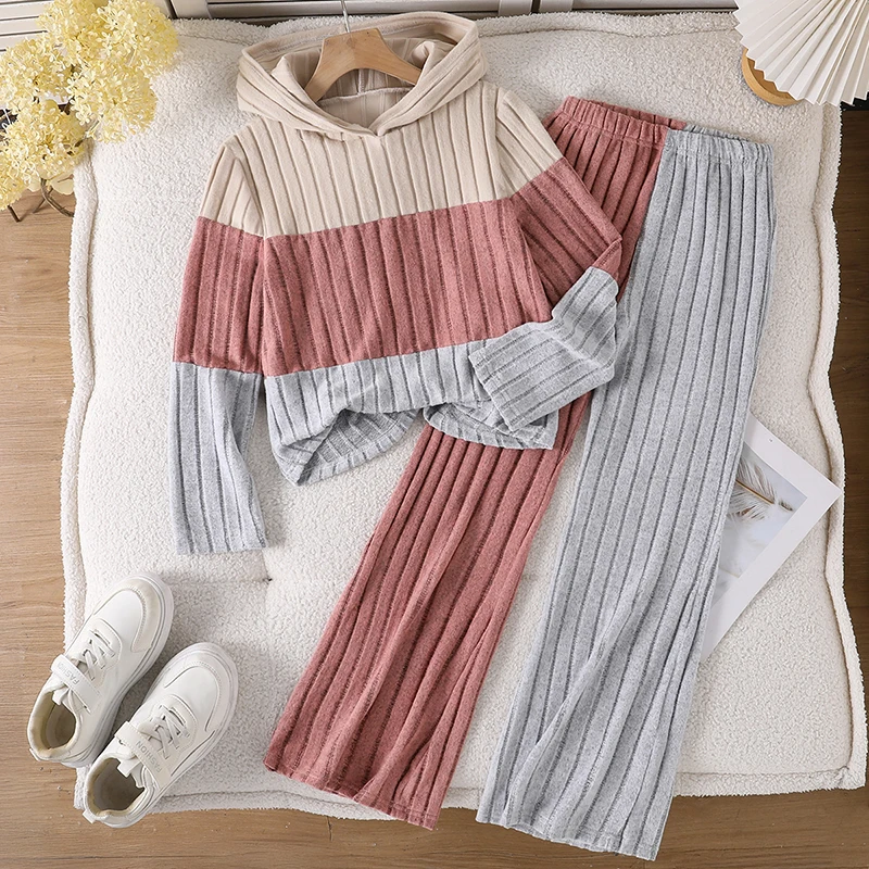 Teen Girls Contrast Color Matching Suit, Striped Knit Hoodie & Loose Straight Trousers Casual Spring Daily Two Piece Outfit
