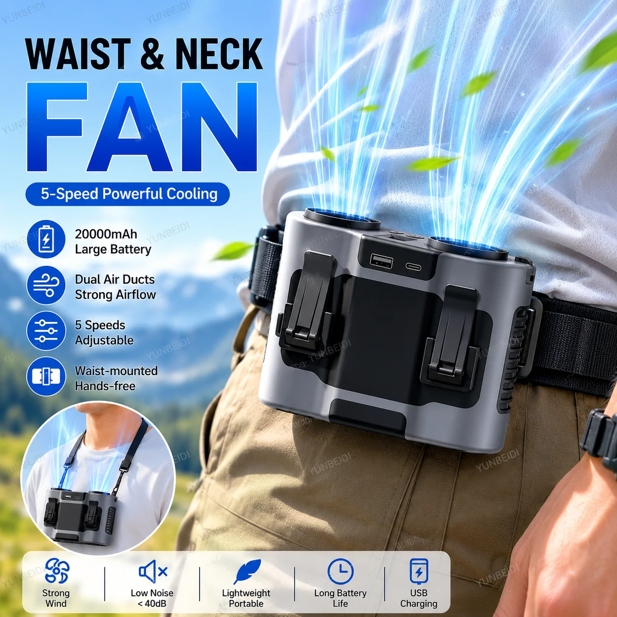 Portable Waist Clip Fan Mini USB Charging Hanging Fan with LED Flashlight Outdoor Single/dual Air Outlet Fan 20000/10000Mah F6/7 image 3