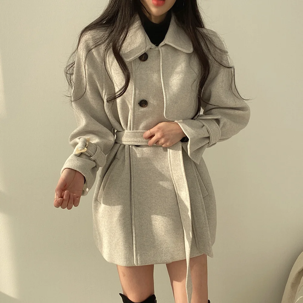 

Модное шерстяное пальто в британском стиле, зимнее, повседневное, шикарное, двубортное, с поясом, в стиле ретро, с длинными рукавами, средней длины, для женщин