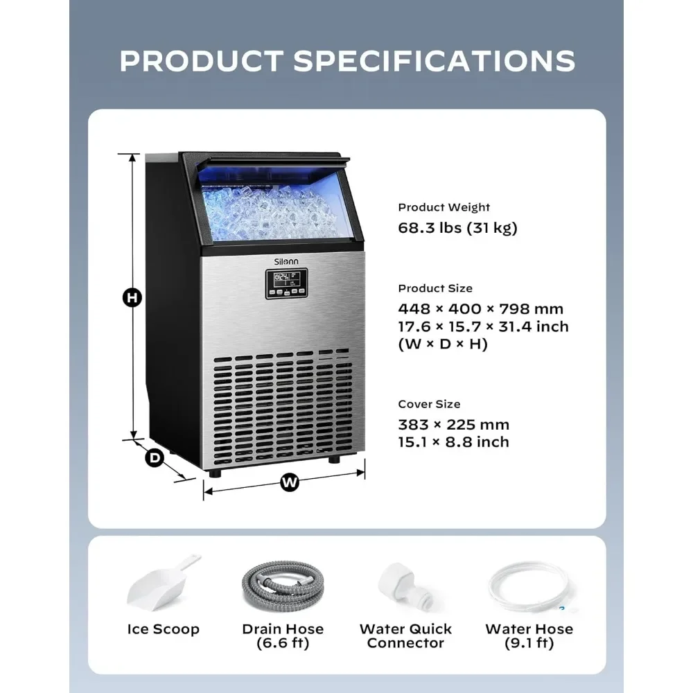 Fabricante De Gelo Independente De Aço Inoxidável Comercial, Cria 150lbs em 24H, 33lbs Máquina De Armazenamento De Gelo com Auto-Limpeza