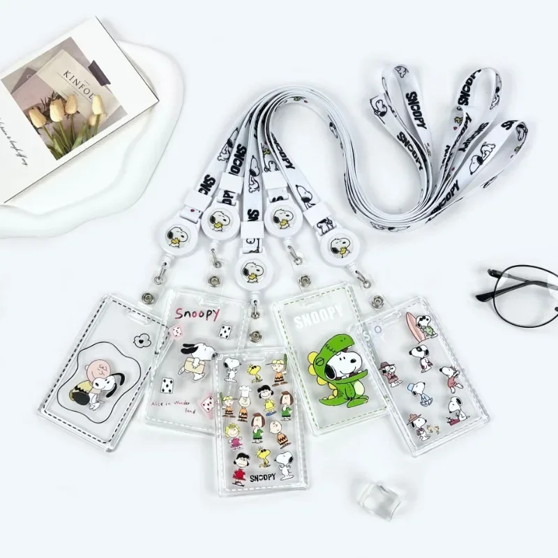 Cute Cartoon Snoopy Card Holder Students Portable Kawaii Anime Anti-lost Slide Sleeve with Lanyard Campus Meal Card Cover Gifts