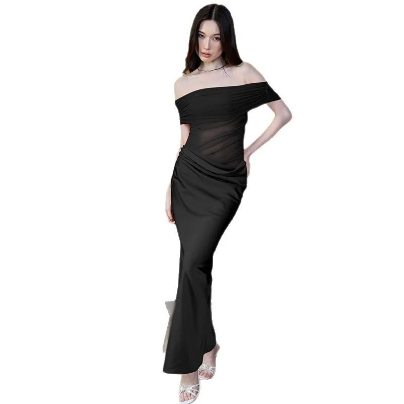 2025 sommer Neue frauen Pure Desire Stil Off Sexy Patchwork Kleid Bodycon Transparent Club Party Tragen Damen Trend Outfit