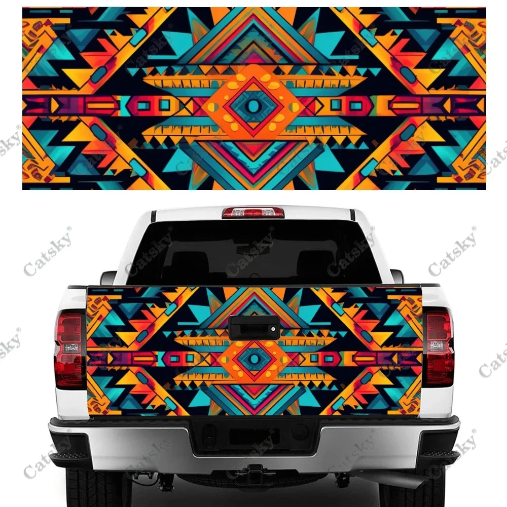 Colorful Geometric Aztec Pattern Truck Tailgate Wrap Professional Grade Material Universal Fit for Full Size Trucks Weatherproof