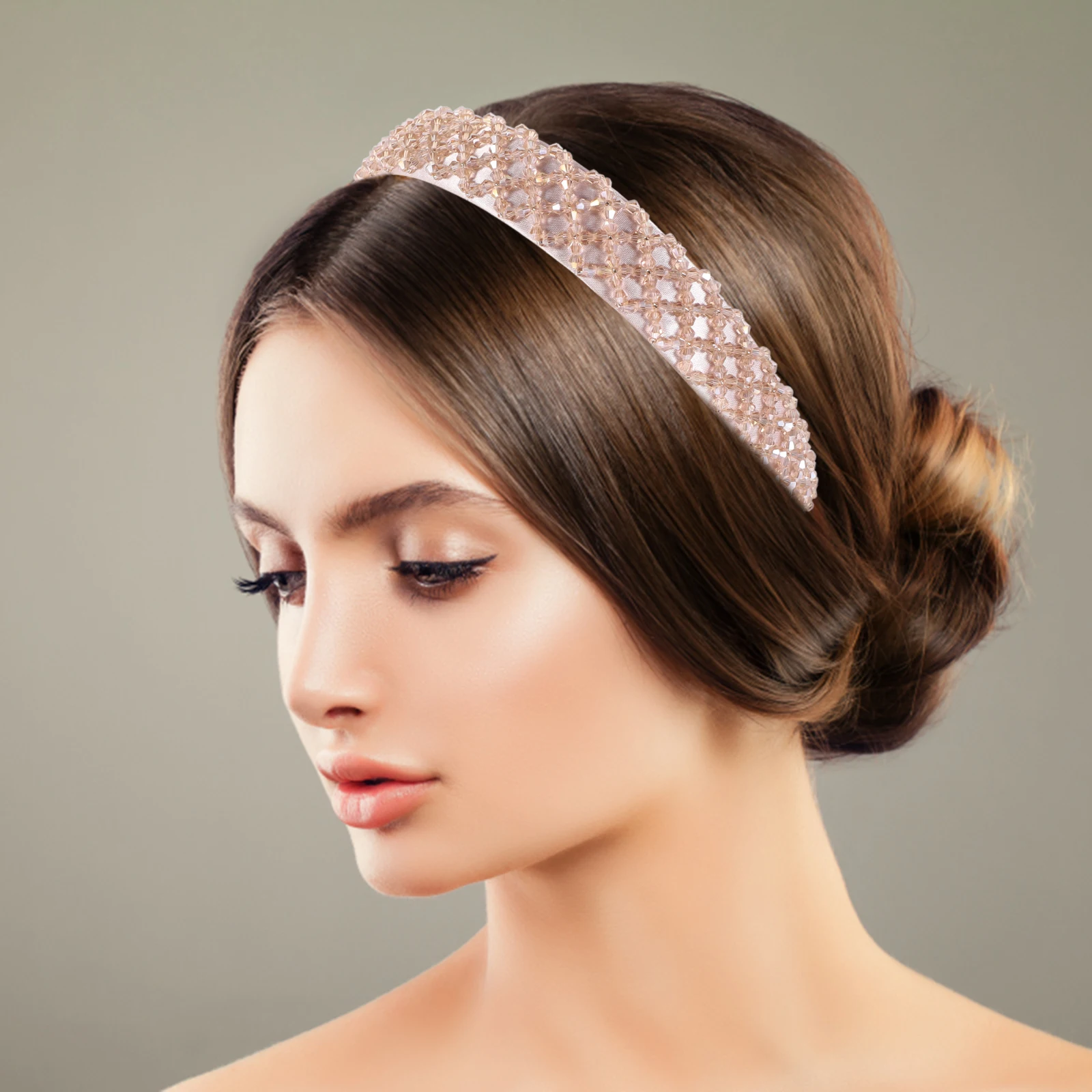 

1pc Imitation Crystal Hoop Women Headband Beaded Fashion Hair Band Hand Knitting Decoration For Female Light Grey Party Hair