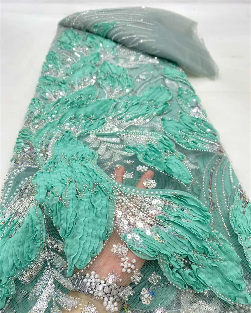 Tessuto di pizzo africano nigeriano di alta qualità con paillettes ricamate in tulle 5 metri con perline e pietra per abiti da ballo da cucire
