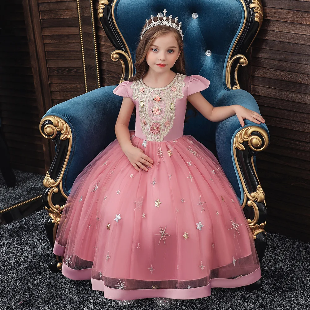 

Girls' Luxury Party Elegant Enchanted Garden Christening Princess Dresses 2 4 8 12 Year Old Children's Pink Fluffy Kids Clothes