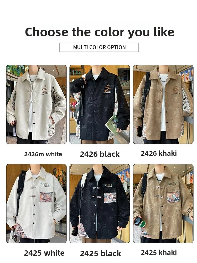 

Loose Fit Men's Jaet Spring Autumn 2024 New Chinese Sle Print Lapel Casual Button down irt Polyester Fiber Long Sve