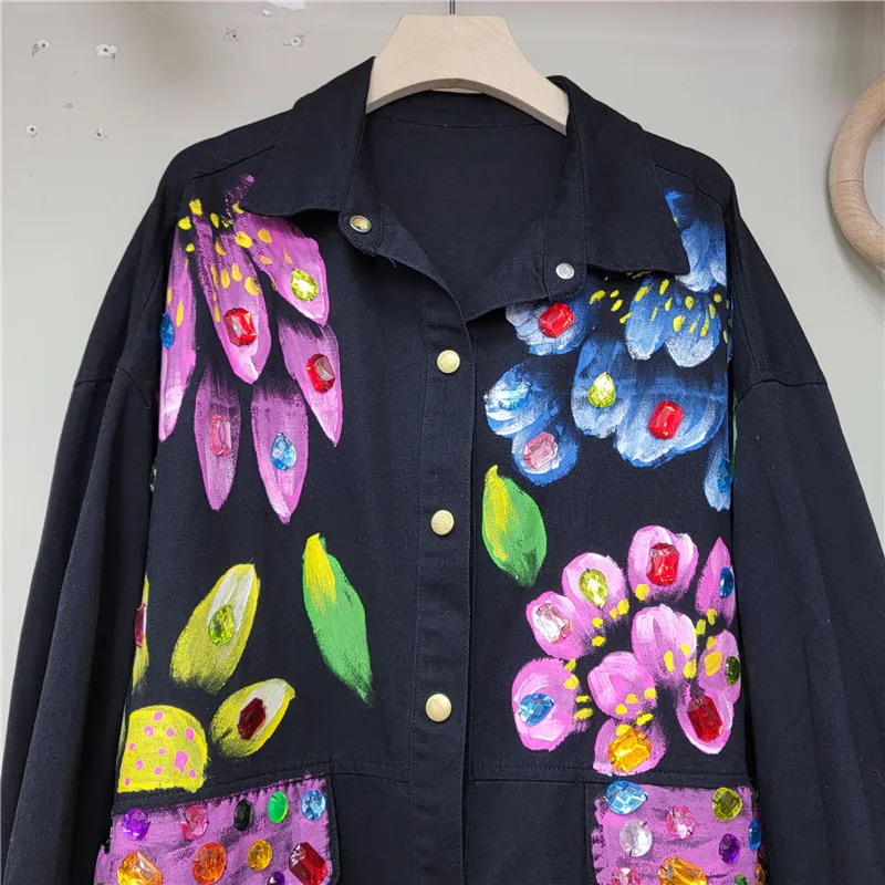 Hand-painted Graffiti Flower Print Denim Shirt Coat Spring Women Casual Diamond Big Pocket Long Sleeve Jeans Jacket Veste Femme