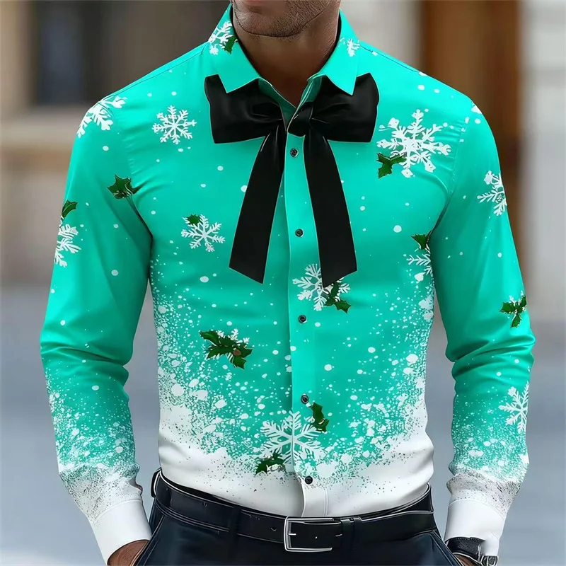 Christmas shirts for man Snowflake Bow Tie Christmas Shirt Long Sleeve Fashion Casual Holiday Gift Shirt Oversized Mens clothing