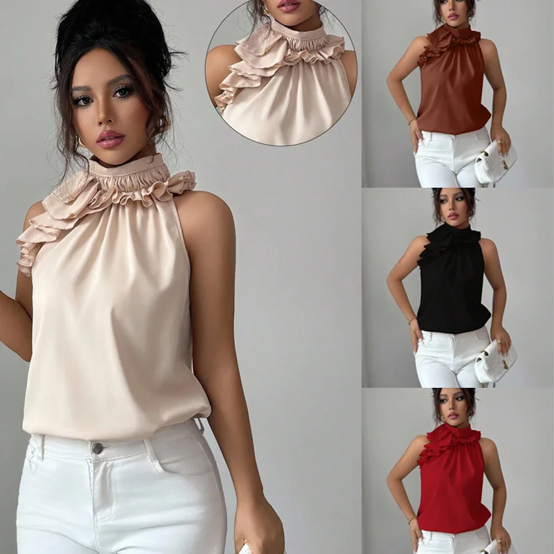 

Новые летние женские блузки: модный топ с воротником-лепестком, без рукавов, с открытыми плечами, облегающий, однотонный, для женщин, пуловер, рубашка, одежда