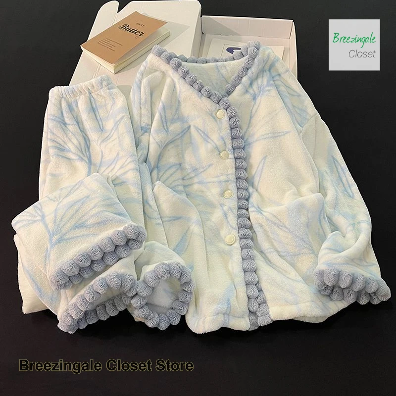 Korean style sweet princess pajamas female winter new coral velvet padded warm blue high sense student home service suit