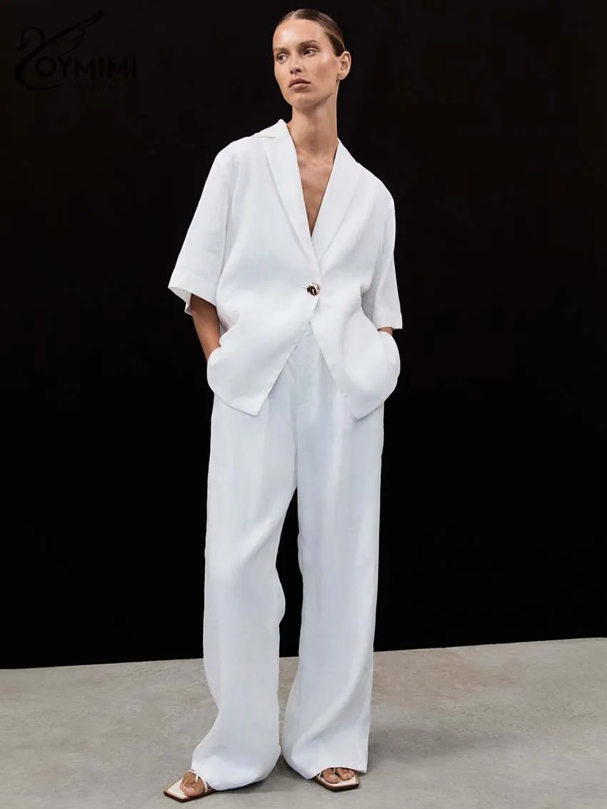Oymimi أزياء القطن الأبيض 2 قطعة مجموعات امرأة الزي أنيقة نصف كم زر واحد قمصان + جيوب عالية الخصر بنطلون مجموعة #3