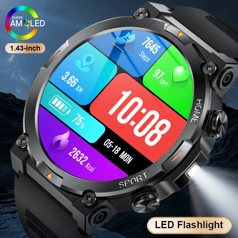 

LIGE Smartwtach Men 1.43 Inch AMOLED Screen Men Watch Health Monitoring Sports LED Flashlight Smart Watch Bluetooth Call Watches