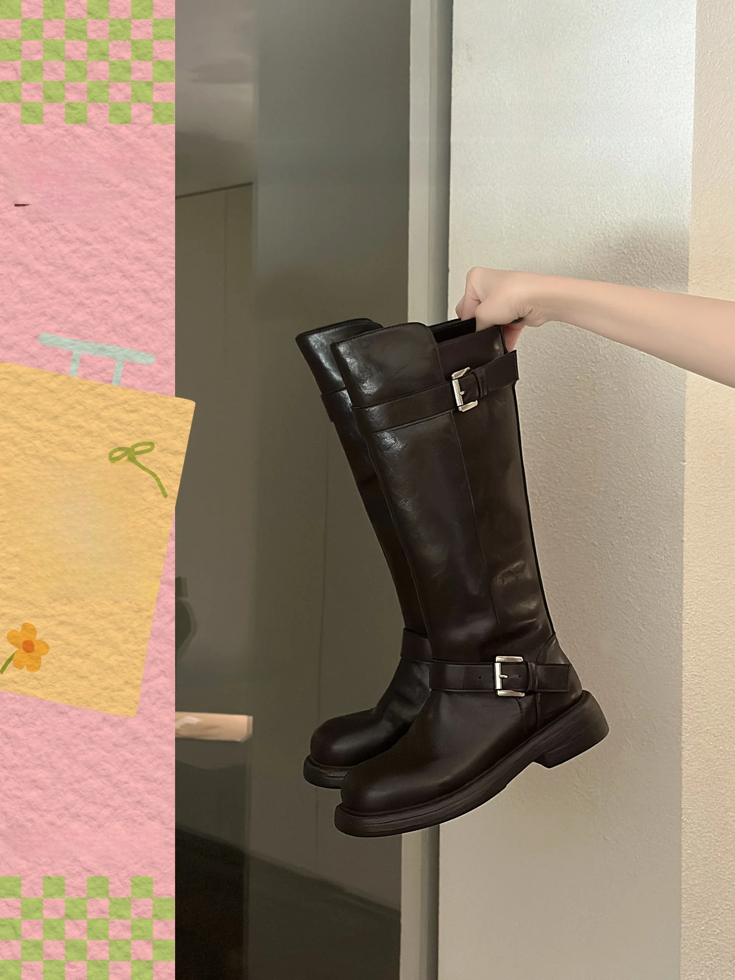 

Retro British Knight Boots with Belt Buckle Mid-Calf Motorcycle Boots Thick Heel Women's Fashion Boots Winter round Toe Zippe...